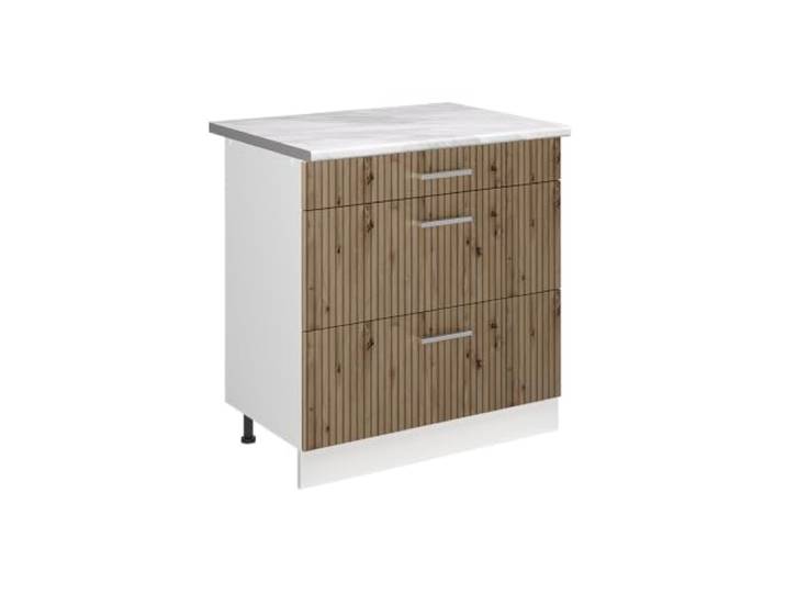 Vicco Küchenunterschrank R-Line , Artisan-Eiche/Weiß 80 cm 3 Schubladen · Arbeitsplatte Marmor · Höhenverst. Füße · Leichter Zugriff · Frei kombinierbar