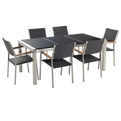 GARTENMÖBEL SET 6-Sitzer Naturstein schwarz poliert Rattan Grosseto