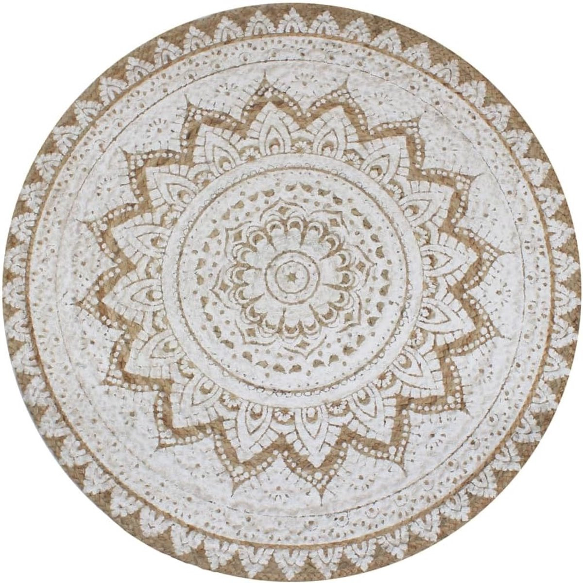 Handgeweven Rond Jute Kleed met Mandala Print - Natuurlijk