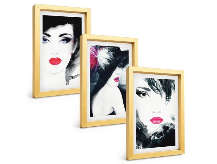 BILDER SET 3er Set - 20x30 cm Goldrahmen - Porträts von Frauen mit Lippen