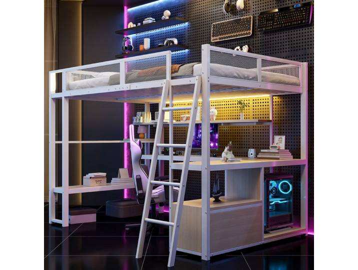 Lit mezzanine gamer avec bureau intégré LED et rangements - ELVMI - en métal blanc 140 × 200 cm