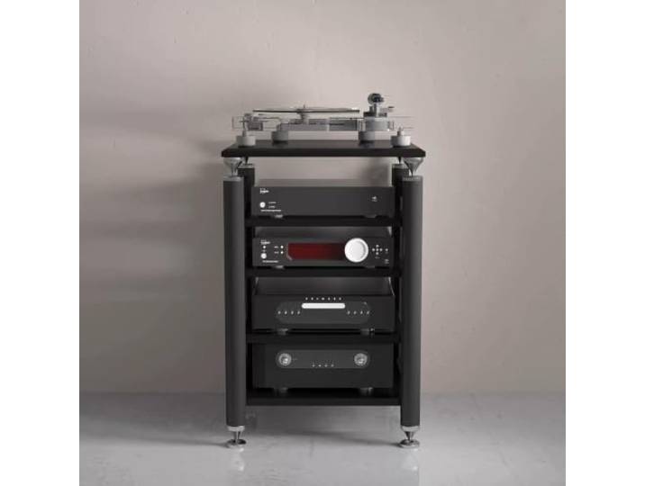 Modulares HIFI‑Audio‑Rack – Verstellbare Ablagen, Plattenspielerständer Mehrstöckiges Audio‑Regal, vielfältige Farben, schwingungsdämpfendes Design(Black+Black,4‑Tier)