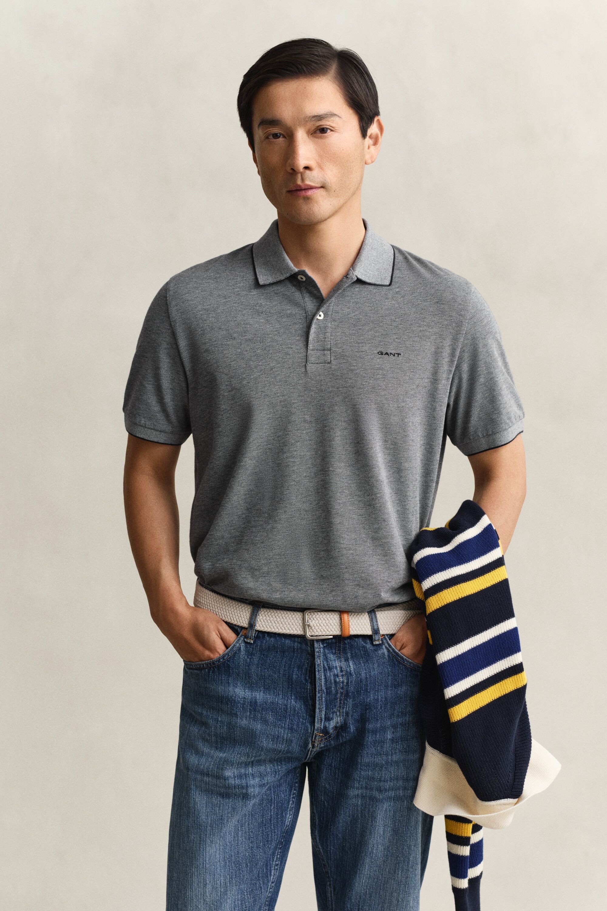 Poloshirt GANT "2 TONE", Herren, Gr. S, grau (evening blau), Jersey, Obermaterial: 100% Baumwolle, unifarben, regular fit normal, Rundhals, eingesetzt gerader Abschluss, Shirts Poloshirt, Regular fit mit Polokragen evening blau S