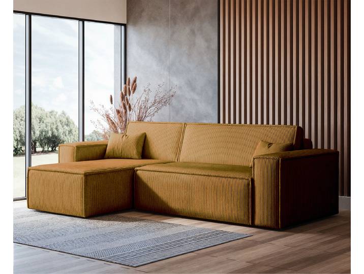 Ecksofa mit Schlaffunktion Gelb/Senfgelb Cord 244 x 83 x 145cm Longchair beidseitig montierbar mit Schlaffunktion Modern