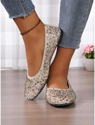 LightInthebox Women's Beige Sequin Ballet Flats - Comfortable and Chic Flats for Daily Dates and Casual Outings