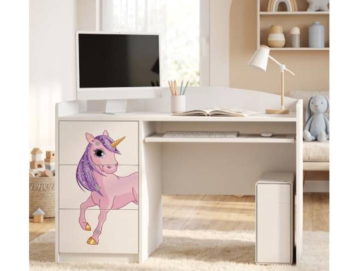 Happy Babies Weißer Kinderschreibtisch mit Schublade und Schrankfach, Schülerschreibtisch für Jungen & Mädchen, PC-Tisch Lerntisch mit Motiv (Nr 29)