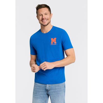 Rundhalsshirt MUSTANG "Alex Logo Brust", Herren, Gr. M, nautical blau, Jersey, Obermaterial: 100% Baumwolle, bedruckt, normal hüftbedeckend, Rundhals, Shirts Rundhalsshirt, normale Passform, Kurzarm-Design, lässiger Stil