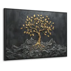 LEINWAND Bilder mit Rahmen - Blätter - Gold - Baum - Fels - 140x90
