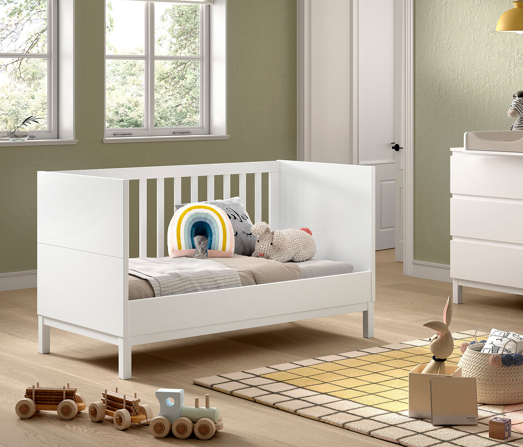 Babybett VIPACK "in gradlinigem Design, standfest gebaut, pflegeleichte Oberfläche", weiss (weiß), B:74,2cm H:85cm L:145cm, Holzwerkstoff, Massivholz, Babybetten, Babybett, 70x140 cm mit 3 Schlupfsprossen, umbaubar zum Juniorbett weiss lackiert weiß Latte