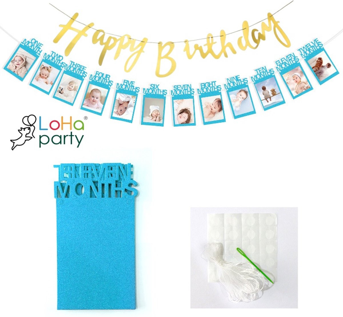 Loha-party Eerste verjaardag fotoslinger Happy Birthday banner set in blauw