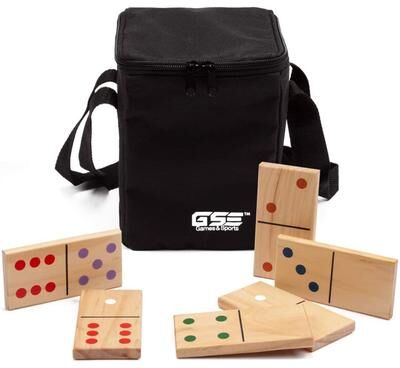 GSE Games & Sports Expert GSE™ 28-Piece Giant Wooden Dominoes with Multi-Color Dots, Jumbo Domino Tile Game Set for Outdoor Backyard Lawn Game