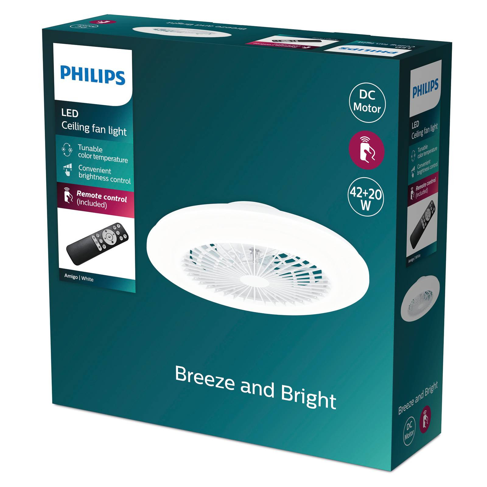 Philips LED plafondventilator Amigo, glanzend wit, 49 cm, CCT dimbaar, wit/opaal