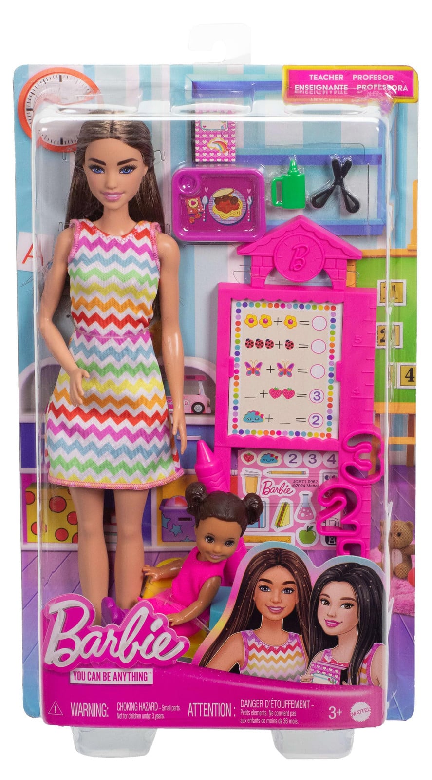 Barbie Docent Poppenset met Peuterpop en Lesmateriaal, Bruin Haar, JCR76