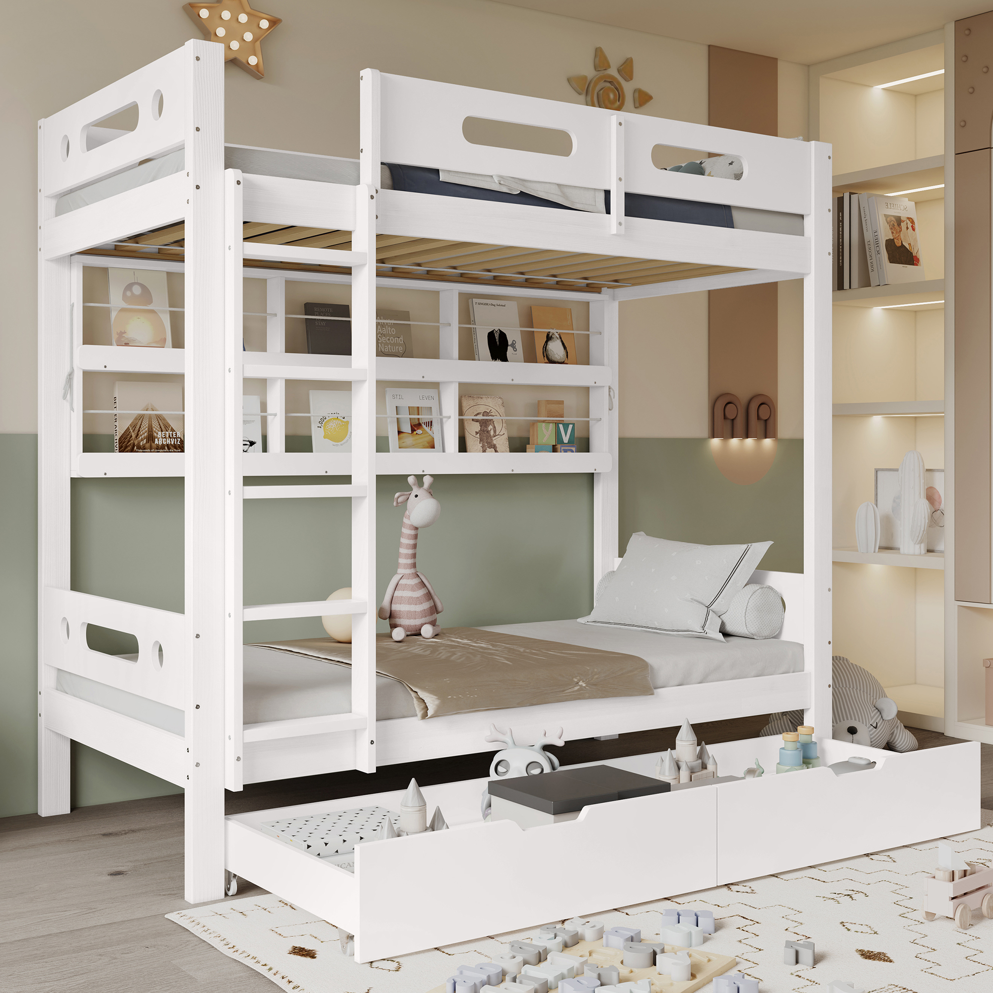 Flieks Etagenbett 90x200cm mit 2 Schubladen, Kinderbett mit Regal, Hochbett mit Regal, Holzbett Einzelbett Stockbett 2 Kinder, Weiß