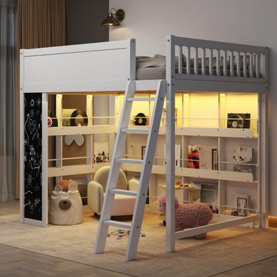 toswini Full/Queen Loft Bed with LED Light, Chalkboard Panel and Bookshelves