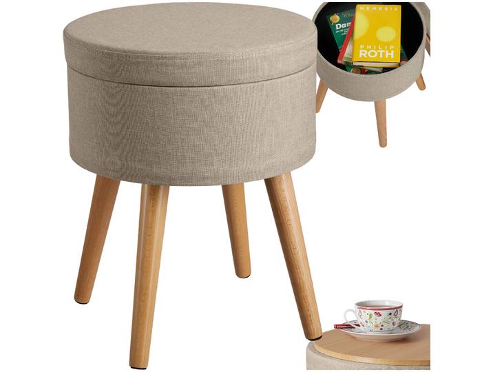 Sitzhocker Yara gepolstert in Leinenoptik 300kg mit Stauraum - Sand