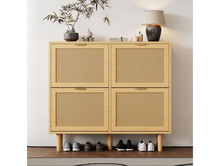 Meuble à Chaussures - JAERLIUB - 100x25x90cm - 4 Tiroirs - Rotin/Métal - Style Campagne