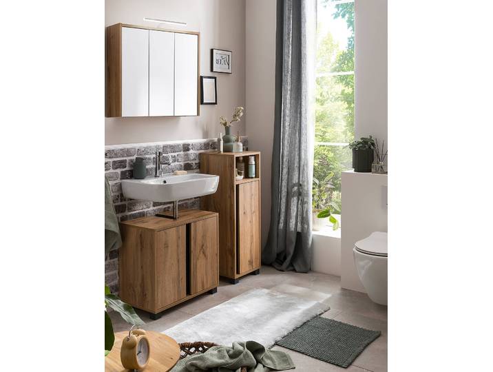 Beleuchteter Spiegelschrank 65 x 64 x 16cm Braun/Eiche Landhaus Dekor