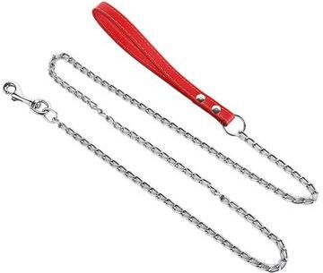 Inspired Living Heavy Duty Metal Chain Dog Leash With Leather Handle Chew Proof Strong Dog Lead For Powerful Walks red