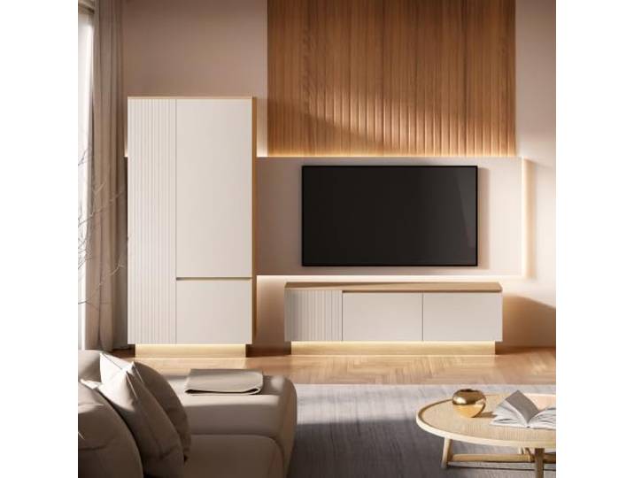 Lomadox Wohnzimmer-Set 2-teilig in Kaschmir beige mit LED-Beleuchtung, inkl. Kleiderschrank & Lowboard