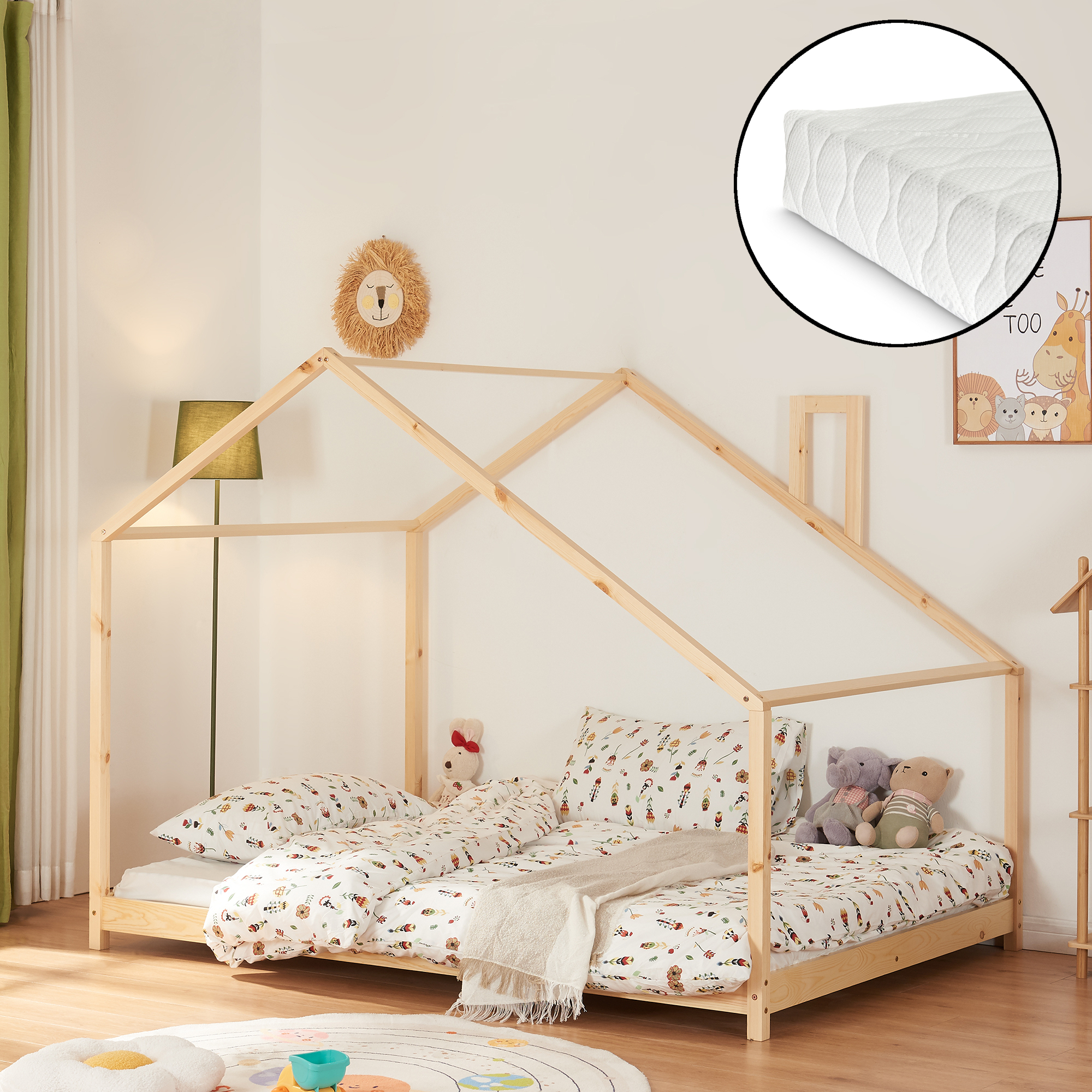 Hausbett 'Siuntio' mit Matratze 140x200cm Kiefernholz Natur