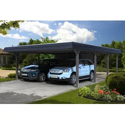 Carport Wendland 630x879 schwarze Blende, schiefergrau, mit Abstellraum, Dachschalung und EPDM Holzcarport