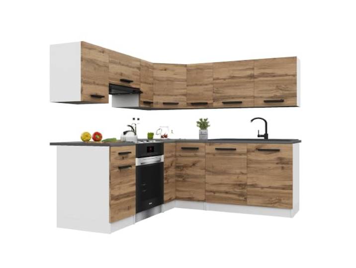 Belini ITALIA 6 Eckküche Küchenblock 360cm Goldbraun Küchenset als Eckküche, weiße Korpusse, DECOR ECONATURA Material, kratzfest, ohne Elektrogeräte, mit Arbeitsplatte