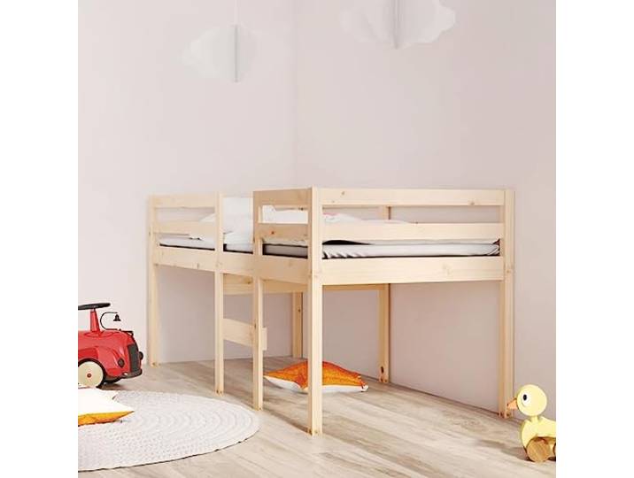 Massives Kiefernholz Modernes Design Hochbett Braun 90 x 190 cm Hochbett 90x190 cm Massivholz Kiefer Kinderbett mit Leiter und Rutsche, Platzsparendes Hochbett fuer Kleine Raeume, Stabiler