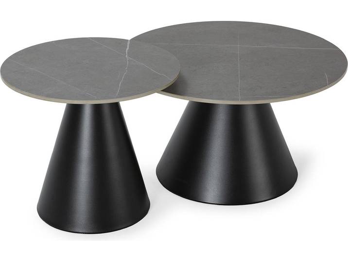 CALICOSY - Lot de 2 tables basse rondes en pierre fritée grise - LOUNA