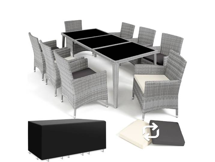 Aluminium Rattan Sitzgruppe Menorca 8+1 mit Schutzhülle - hellgrau