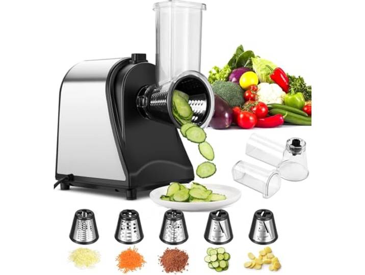 Gemüseschneider Elektrisch 250W Professional, 5-in-1 Küchenreibe mit 5 Klingen für Käse Kartoffeln Karotten, Gemüsehobel Edelstahl