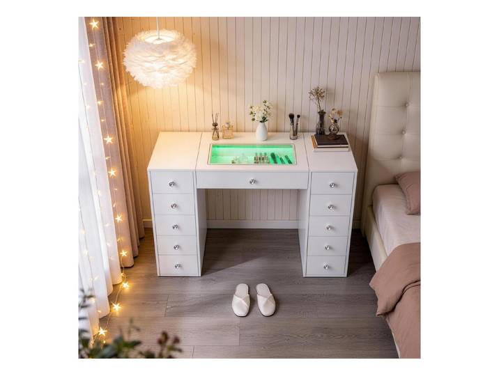 FENCHILIN Schminktisch mit LED,einstellbare Helligkeit, mit 11 Schubladen,weiß, 130/55/81 cm (1-St), mit LED-Beleuchtung,einstellbare Helligkeit