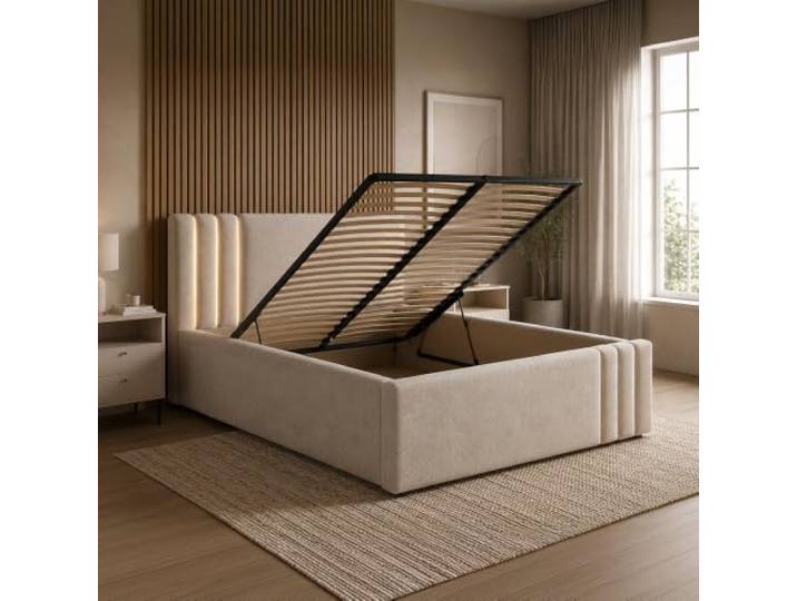 Lomadox Polsterbett in Beige, Bett mit 160x200 cm Liegefläche, LED Beleuchtung & Bettkasten