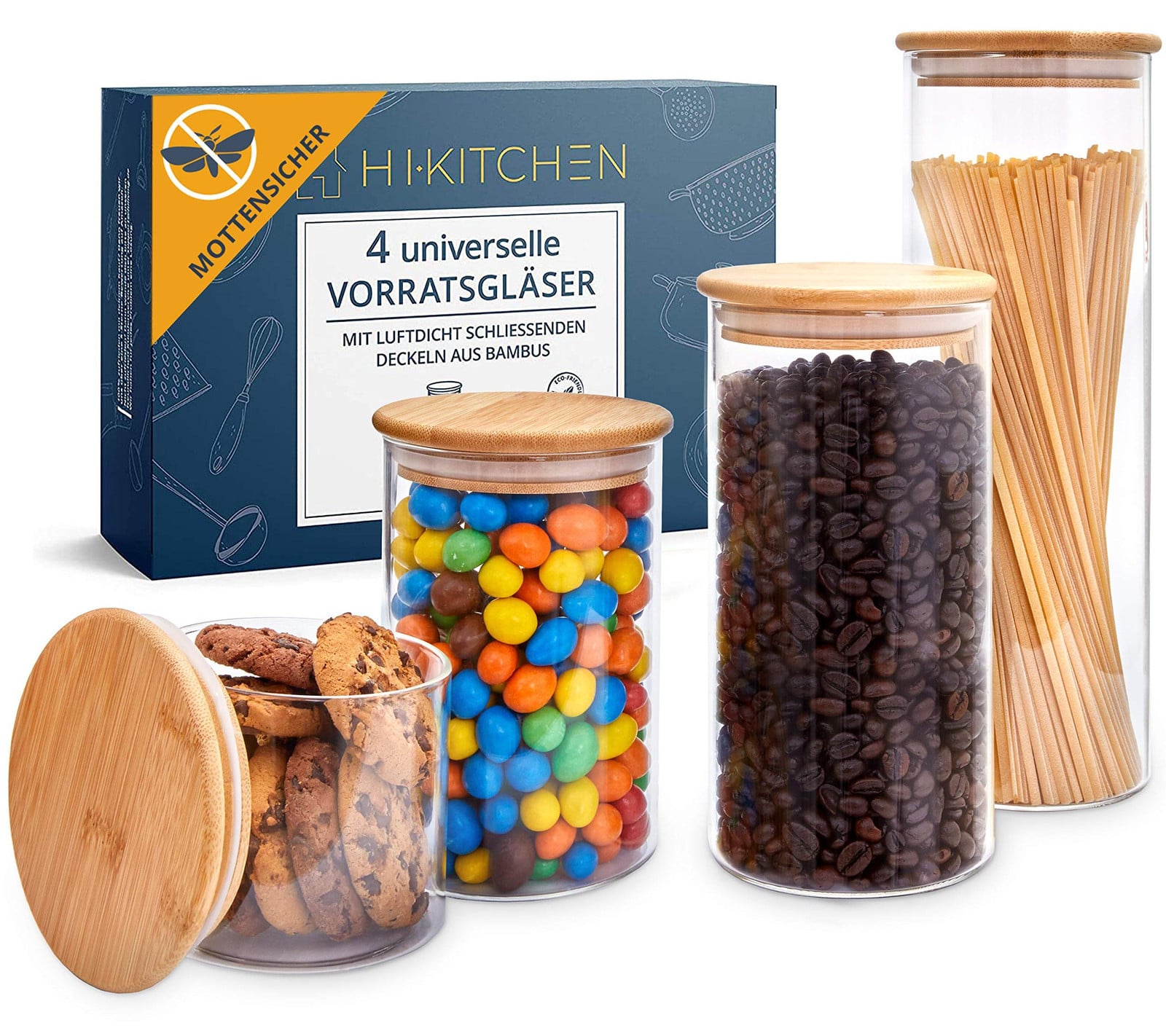 Dripio Set van 4 voorraadpotten van borosilicaatglas met bamboe deksels