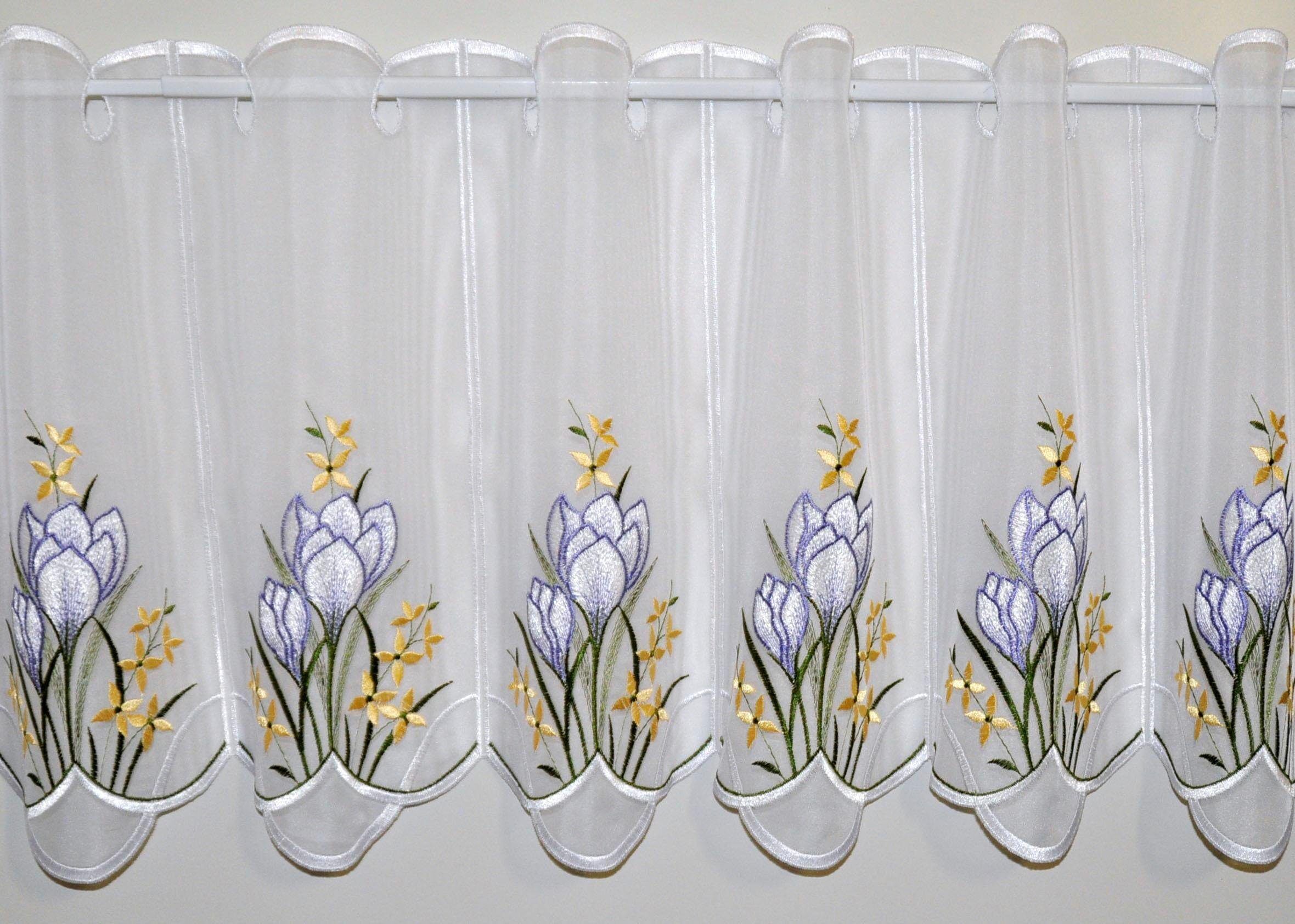 Panneaux STICKEREIEN PLAUEN "Panneau Krokusblüte" Gr. 5, weiss (weiß), B:210cm H:40cm, Polyester, Gardinen, Panneaux, Panneau "Krokusblüte" weiß 40cm, Stangendurchzug, 210cm