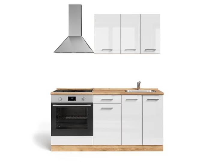 Vicco Singleküche R-Line, Weiß Hochglanz/Goldkraft Eiche, 160 cm mit Herdumbauschrank mit Arbeitsplatte, zur Integration von Elektrogeräten und Spüle vorbereitet
