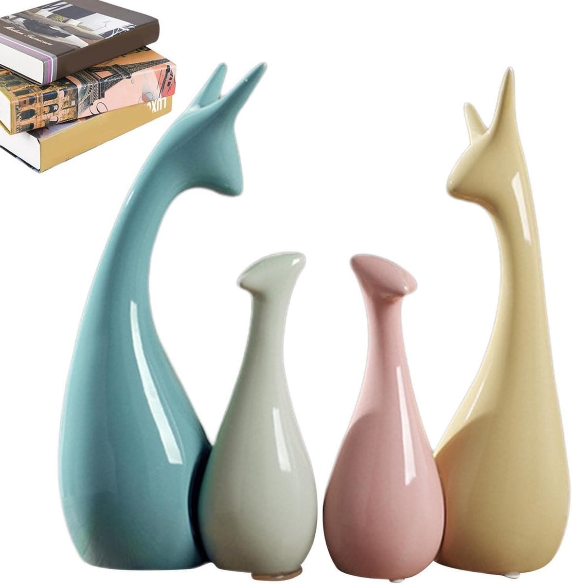 Set van 4 witte keramische giraffe beeldjes met glanzende afwerking voor decoratie op tafel