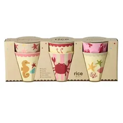 RICE Mittelgroße Melamin Becher Ocean Print 6er Set, koralle, 6 Becher 250 ml