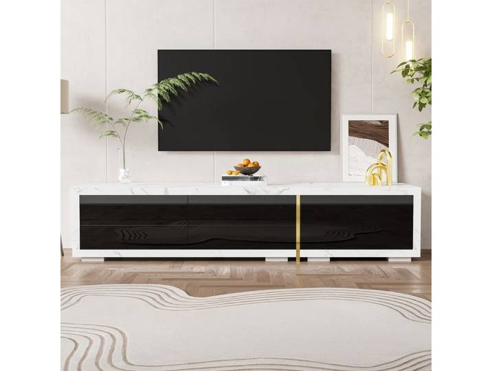 Meuble télévision - KOMHTOM - Meuble TV extensible rotatif - Blanc effet marbre - Noir brillant/mat - Détails dorés