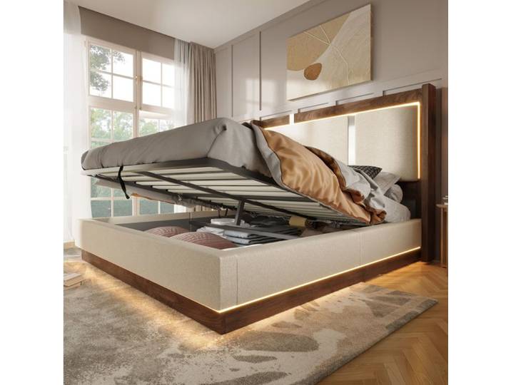 Maisentiel Lit double 180x200 cm avec sommier à lattes coffre hydraulique LED beige et noyer sans matelas