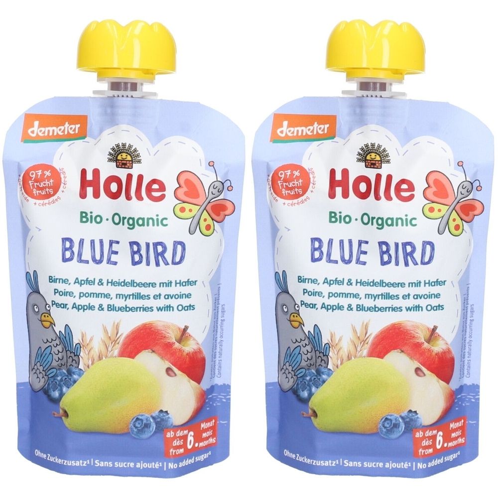 Holle Blue Bird Trinkflasche Birne, Apfel, Heidelbeere und Hafer bio x2 2x100 g Brei