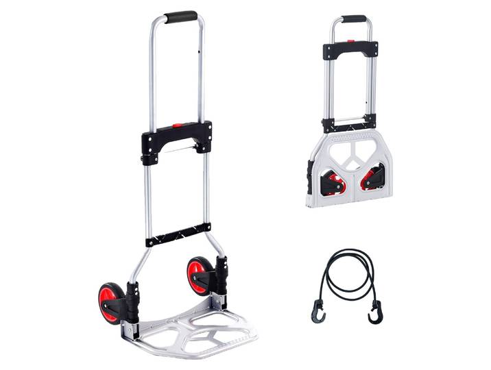 VEVOR Diable pliable 80kg Diable de transport en alliage d'aluminium et plastique Diable empilable avec poignée réglable 715-930mm Trolley pliable avec corde d'attache taille compacte pour le rangement