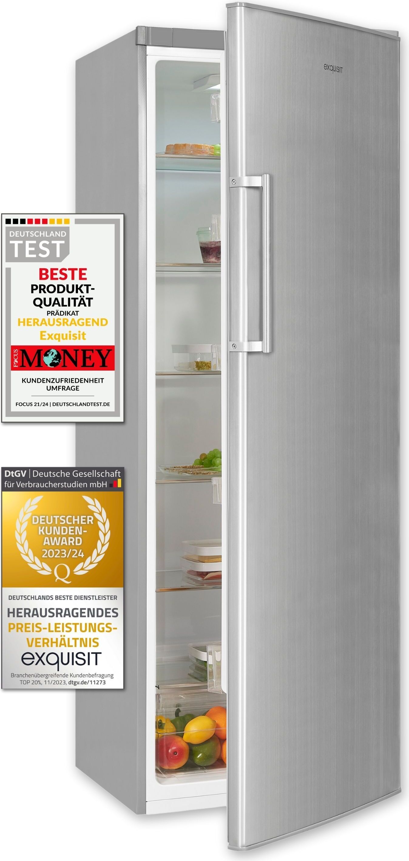 Exquisit Vollraumkühlschrank KS350-V-H-040D inoxlook | Nutzinhalt: 331 L | 6 Glasablagen | Türanschlag wechselbar | Ohne Gefrierfach