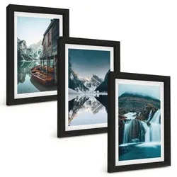 BILDER SET 3er Set - 20x30 cm Schwarzer Rahmen - Berglandschaften Wasserfall See