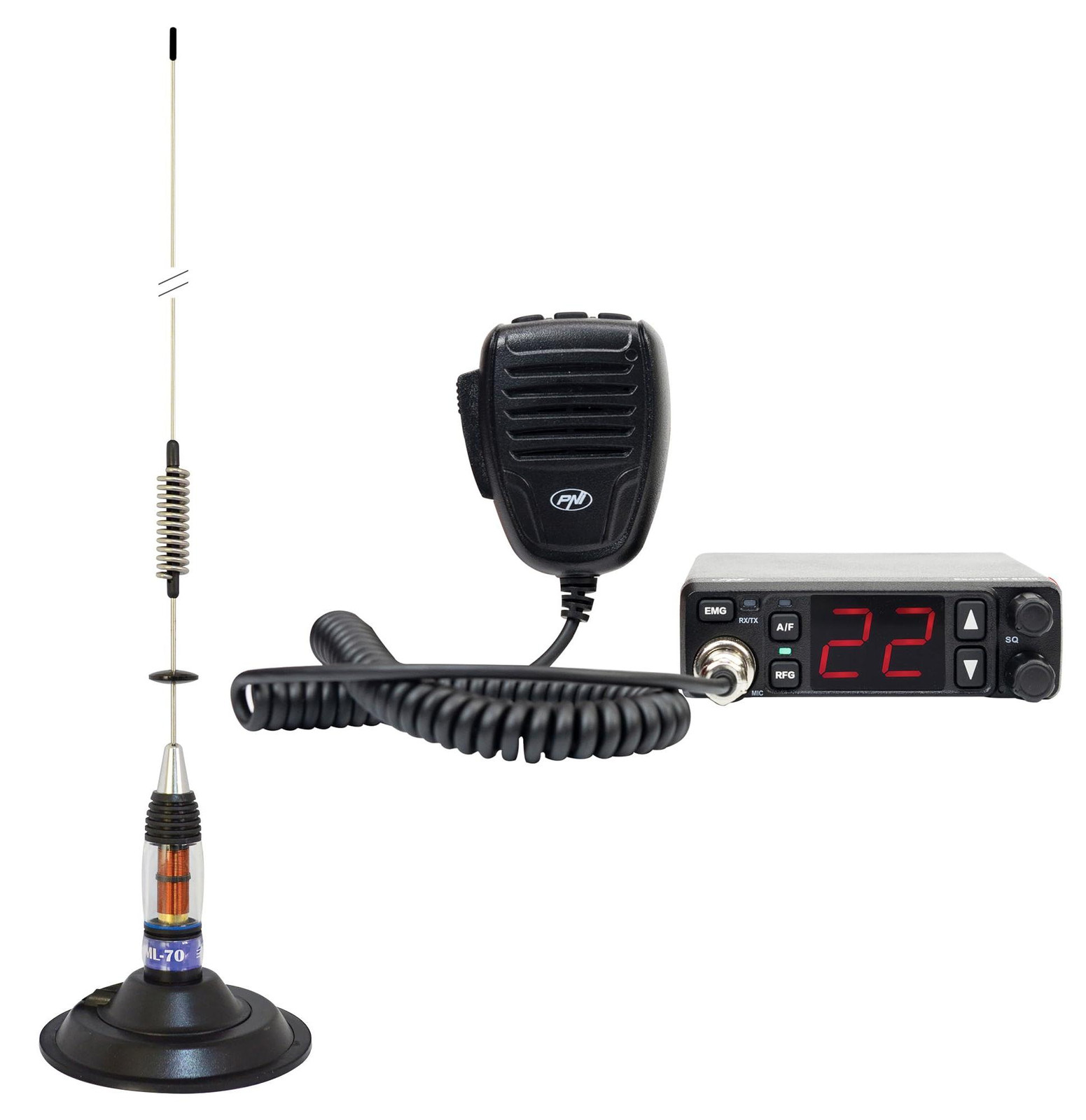 PNI Escort HP 5500 CB-radiozender en PNI ML70 CB-antenne met magnetische voet van 145 mm