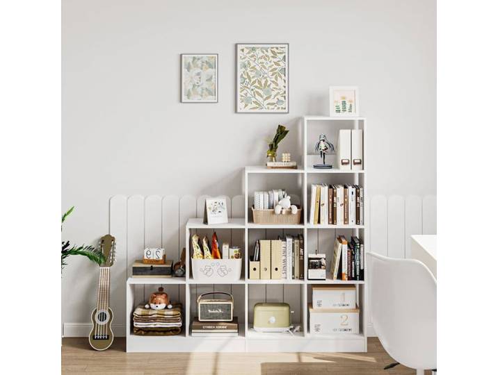 Bibliothèque à 10 Compartiments Compartiments Ouverts Étagère de Rangement à 4 Niveaux Étagère Escalier Panneaux Réglables Blanc