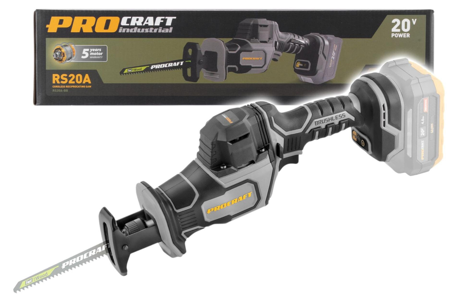 Procraft Industrial RS20Abb Reciprozaag 20 V Brushless Solo - zonder accu en zonder oplader