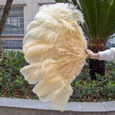 Uplifted Finds Grand Ostrich Feather Folding Fan   Professional Stage & Carnival Dance Fan deep Beige 100 Cm 2 Pcs
