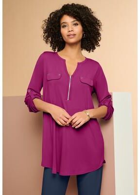Plus Size Women's Zip Front Ultrasmooth® Fabric Tunic by Roaman's in Raspberry (Size 12)