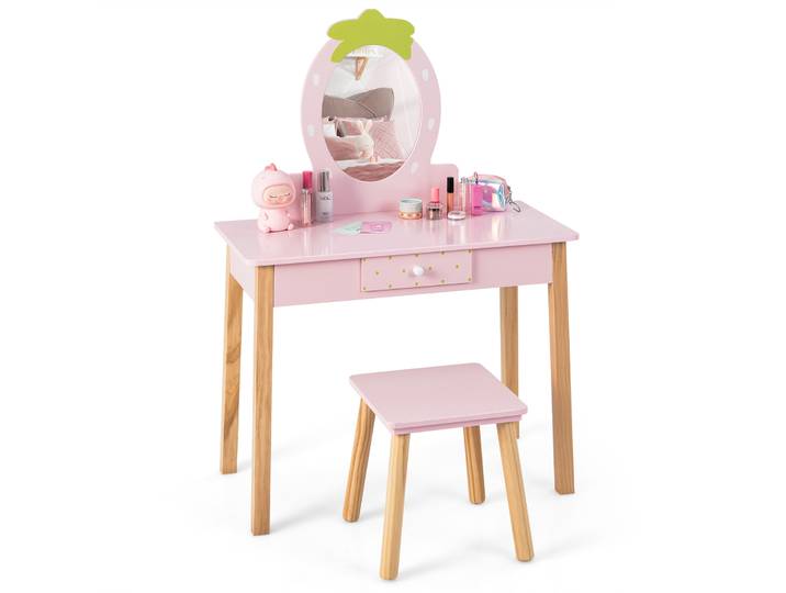 COSTWAY 2in1 Kinder Schminktischset, Schminktisch mit Hocker, erdbeerförmigem Spiegel, Kämme & Schublade, Kosmetiktisch für Kinder 3–7 Jahren Rosa